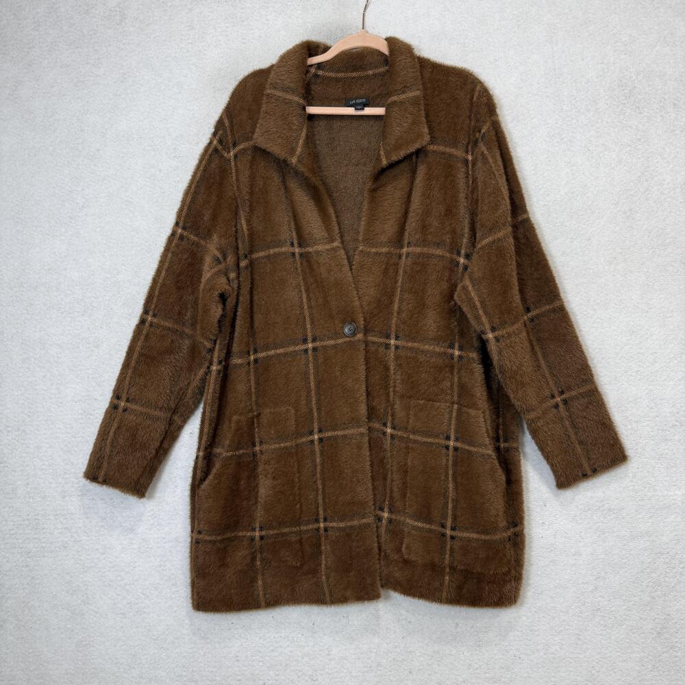 J Jill Cardigan Sweater Womens 2X Brown Check Collared Button Knit Pockets